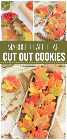 an image of fall leaves cut out cookies with text overlay that reads marbled all leaf cut out cookies