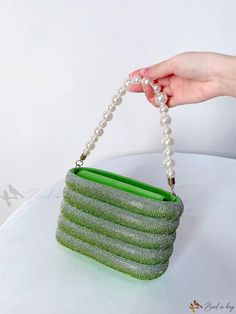 Bird in Bag - Stylish Striped Handheld Cage Bag with Bold Color Accents and Dazzling Diamond Embellishments Glamorous Green Evening Bag, Glamorous Green Clutch Bag, Glamorous Green Event Bag, Chic Embellished Green Bags, Chic Green Embellished Bags, Cage Bag, Rhinestone Bag, Bag Shapes, Purple Details