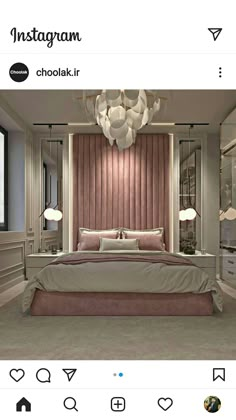 a bedroom with a large bed and pink walls