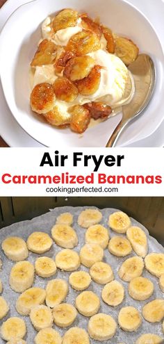 an air fryer filled with baked bananas and ice cream on top of a pan