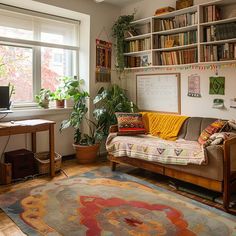 a living room filled with furniture and bookshelves next to a window covered in plants