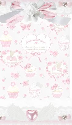 a pink card with cupcakes and roses on it