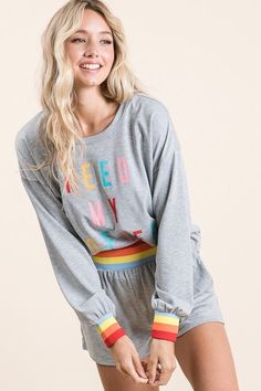 A long sleeve graphic printed knit top & shorts featuring colorful rib band loungewear set. 87%poly/9%rayon/4%spandex I Need Coffee, Hippie Vibes, Need Coffee, Loungewear Set, Lounge Set, Fashion Set, Fashion Boutique, Short Sets, Chic Style