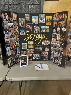 a table that has pictures on it with the word sarga written in gold and surrounded by photos