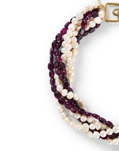 With four intertwined, beaded strands, this amethyst and pearl Kenneth Jay Lane necklace will be just the right addition to your look. It's finished with a decorative D-clasp closure and is designed to rest perfectly against your chest. Wear it to elevate simple necklines on dresses and knits alike. Elegant Multi-strand Purple Beaded Necklaces, Elegant Purple Multi-strand Beaded Necklaces, Multi Strand Necklace, Kenneth Jay Lane, Bead Strand, Strand Necklace, Multi Strand, Jay, Amethyst