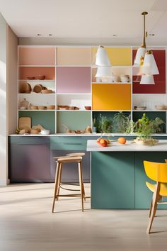 a kitchen with multi colored cabinets and stools