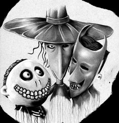 a drawing of two people with masks on their faces, one wearing a hat and the other as a scarecrow