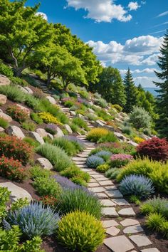 a stone path is surrounded by colorful flowers and greenery on the side of a hill