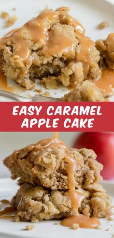 an apple cake with caramel drizzle on top and the words easy caramel apple cake above it