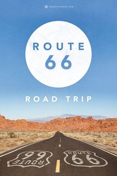 the route 66 road trip poster is in front of an open desert area with mountains and blue sky