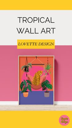 a pink and yellow wall with an image of a leopard sitting on a swing in the middle