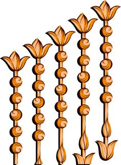 an image of a set of decorative wooden posts with flowers on each side and leaves at the top