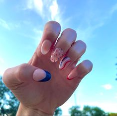 Nails Colors Summer, Nails Acrylic Summer, Red White Blue Nails, Summer Nails Acrylic, Nails Almond Shape, Nails Acrylic Coffin, Nail Looks