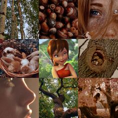 a collage of pictures with various animals and trees in the background, including a woman's face