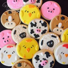 decorated cookies with farm animals and birds on them for a baby shower or birthday party