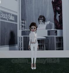 an animated woman standing in front of a wall with two mannequins on it