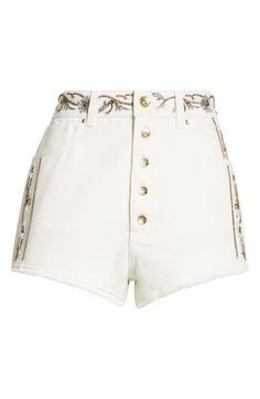 Beading and sequins frame these high-waisted cotton shorts with brand-signature texture and shine. 2" inseam; 24" leg opening; 12 1/2" front rise; 14 1/2" back rise (size 29) Exposed-button fly Five-pocket style 100% cotton Hand wash, line dry Made in Italy Designer Clothing Chic Sequined Shorts For Spring, Chic Embellished Shorts, Chic Embroidered Short Length Shorts, Embellished High Rise Bottoms For Spring, High Waist Sequined Shorts For Summer, Embellished Shorts For Spring, Embellished High Waist Bottoms For Summer, Embellished Cotton Bottoms For Summer, Embellished Short Bottoms For Summer