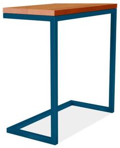 a blue metal and wood side table with a wooden top on an isolated white background