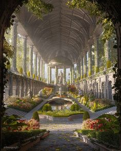 an artist's rendering of a beautiful garden with flowers and greenery in the center