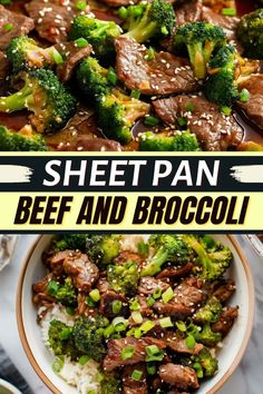 beef and broccoli on top of rice in a bowl with the title sheet pan beef and broccoli