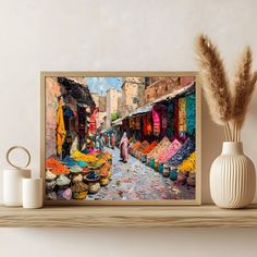 an oil painting on canvas of a street scene with people shopping in the market area