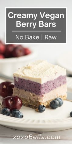 image of layered vegan berry cashew bars. Square Cheesecake, No Bake Vegan Cheesecake, Raw Vegan Dessert, Berry Bars, Vegan Dessert Recipe, Raw Vegan Dessert Recipes, Vegan Bars, Cake Cherry