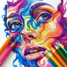 a drawing of a woman's face with colored pencils in front of her