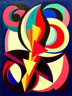 an abstract painting with different colors and shapes on it's surface, including the letter c