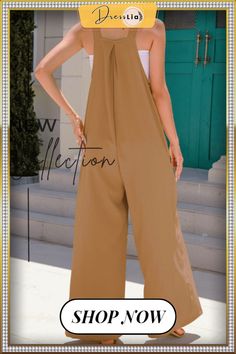 Fashion Solid Patchwork Spaghetti Strap Loose Jumpsuits(6 Colors) Brown Sleeveless Overalls For Summer, Non-stretch Summer Workwear Overalls, Sleeveless Brown Overalls For Spring, Brown Sleeveless Overalls For Spring, Brown Non-stretch Jumpsuits And Rompers For Summer, Loose Jumpsuit, Off The Shoulder, Spaghetti Strap, Spaghetti