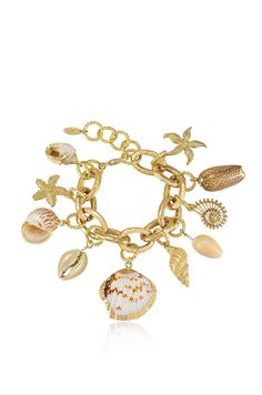 Feel like a beach goddess in this dangling shell bracelet. 18kt gold plated Zinc + Steel Shell Length: 7 Inches + 1.5 Inch extender Gold Bracelets With Lobster Clasp For Vacation, Beach Charms Bracelet Jewelry, Gold Bracelet With Lobster Clasp For Vacation, Elegant Metal Bracelets For Beach, Elegant Bracelets With Charms, Elegant Bracelets With Charms As Fashion Accessory, Vacation Bracelet With Lobster Clasp, Elegant Gold Bracelets For Vacation, Elegant Handmade Bracelets For Vacation