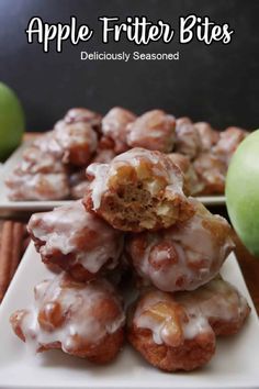 apple fritter bites are stacked on top of each other with apples in the background