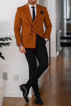 This beautiful jacket and pant trouser is designed with high quality wool material that guarantees durability and comfort. It is suitable for all kinds of occasion and it can be worn all year round. It comes in 2 pieces (burnt orange color Jacket + Black pant), the jacket can also be worn with any pant/jeans. For custom orders, Please feel free to start a  conversation for further enquires. Your satisfaction is our priority  I hope you have a pleasurable shopping experience Burnt Orange Mens Wedding Attire, Black And Orange Suit Men, Burnt Orange Men Outfit, Burnt Orange Trousers Outfit, Orange Notch Lapel Blazer For Work, Brown Notch Lapel Blazer For Office, Brown Double-breasted Blazer For Semi-formal Occasions, Tailored Orange Blazer With Notch Lapel, Brown Long Sleeve Office Suits