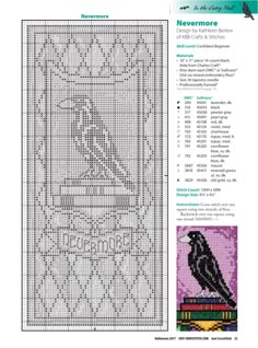 a cross stitch pattern with a bird sitting on top of a book and the words nevermore