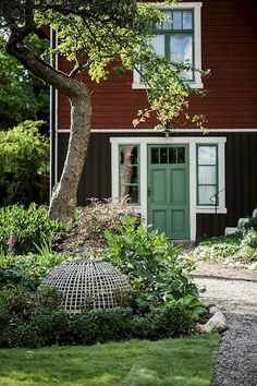 a red house with a green door and tree in the front yard, surrounded by greenery