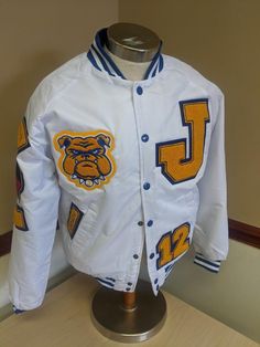 HBCU Bomber Jacket. Rep your school! School Outerwear With Baseball Collar In Cotton, School Spirit Cotton Outerwear, School White Cotton Varsity Jacket, White Cotton Varsity Jacket For School, Winter School Spirit Outerwear For College, Vintage White College Outerwear, Vintage White Outerwear For College, School Spirit Winter Outerwear For Streetwear, Vintage White Varsity Jacket For College