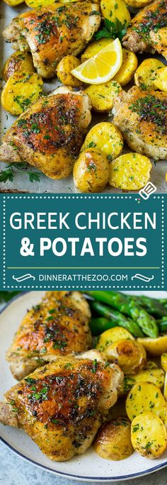 greek chicken and potatoes on a plate with lemons, asparagus and parsley