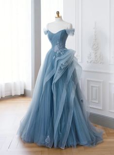 Off-shoulder Tulle Gown For Evening, Blue Off-shoulder Gown For Prom, Off-shoulder Lace Prom Gown, Blue Off-shoulder Ball Gown For Prom, Blue Off-shoulder Prom Gown, Blue Fitted Off-shoulder Dress For Wedding, Light Blue Off-shoulder Prom Dress, Elegant Blue Off Shoulder Dress For Prom Season, Blue Off-shoulder Gown With Fitted Bodice