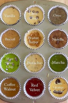 cupcakes with different toppings in them sitting on a cookie sheet that has the names of each individual dessert