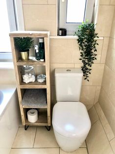 a white toilet sitting in a bathroom next to a shelf with plants on top of it