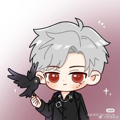 an anime character with grey hair holding a black bird in his hand and looking at the camera