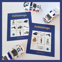 two booklets with pictures of police cars and people on them, sitting next to each other