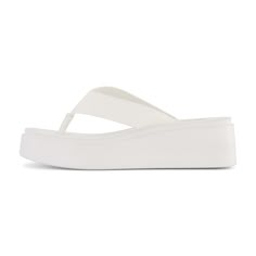 Meet Pippin, a thong platform sandal. Featuring a memory foam insole and a soft vegan leather upper, Pippin will provide all-day comfort for your feet. Pippin has a soft, light and flexible outsole with a 2 inch platform wedge. White Sandals Outfit Casual, Flip Flops Outfit Summer, H2o Clothes, Foam Platform Sandals, White Platform Flip Flops, Platform Sandals White, Platform Thong Sandals, Materialistic Things, Beach Wedges