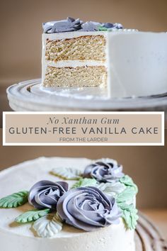 there is a white cake with blue flowers on it and the words gluten - free vanilla cake from the ladder