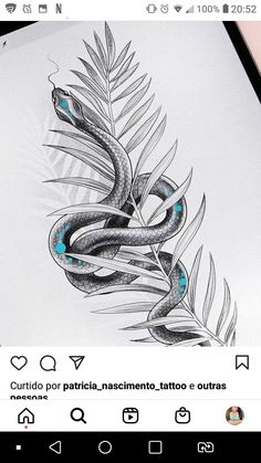 a drawing of a snake with blue eyes on it's head and some leaves