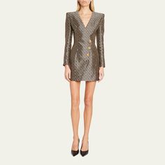 Balmain jacquard monogram dress with button detail V neckline Long sleeves; button cuffs Sheath silhouette Mini length Back zip Acetate/silk Made in Italy V Neckline, Bergdorf Goodman, Button Detail, Tops Designs, In Italy, Long Sleeves, Monogram, Mini Dress, Italy