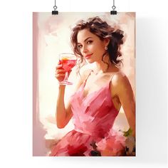 A young woman wearing a pink dress and holding a glass of red wine, with a cheerful smile on her face. Holding A Glass Of Wine, Bright Pink Dress, Drink Art, Bright Pink Dresses, Wine Art, A Glass Of Wine, Metallic Prints, Wearing A Hat, Glass Of Wine