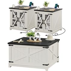 two white storage cabinets with black top and one has plants on the shelf above it