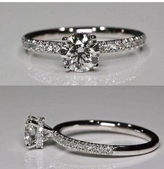 an engagement ring with a diamond on the side and a wedding band that is split in half