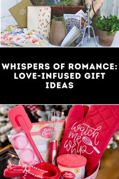 a basket filled with lots of different items next to a christmas tree and the words whispers of romance love - infused gift ideas