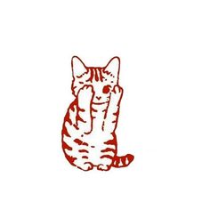 a red and white drawing of a cat sitting on its hind legs, looking up at the sky